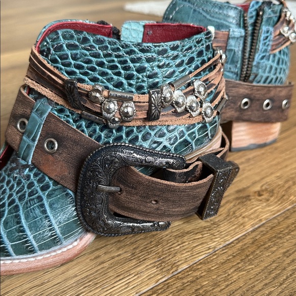 FREEBIRD Saloon 7 | Teal Crocodile Pattern Leather Ankle Boots w/ Studded Straps - Picture 2 of 5